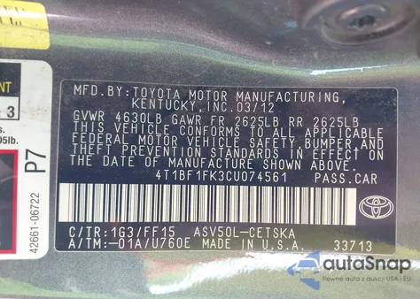 2012 Toyota Camry Se z USA, uszkodzony, nr VIN 4T1BF1FK3CU074561